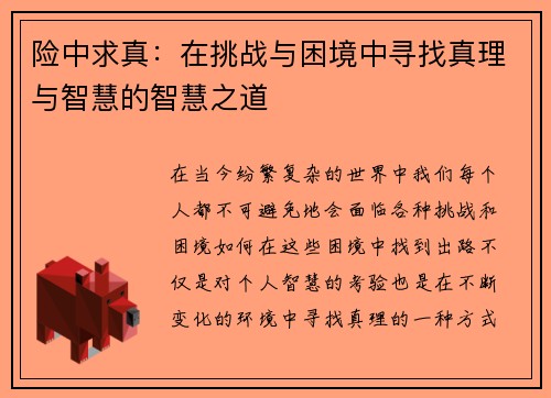 险中求真：在挑战与困境中寻找真理与智慧的智慧之道